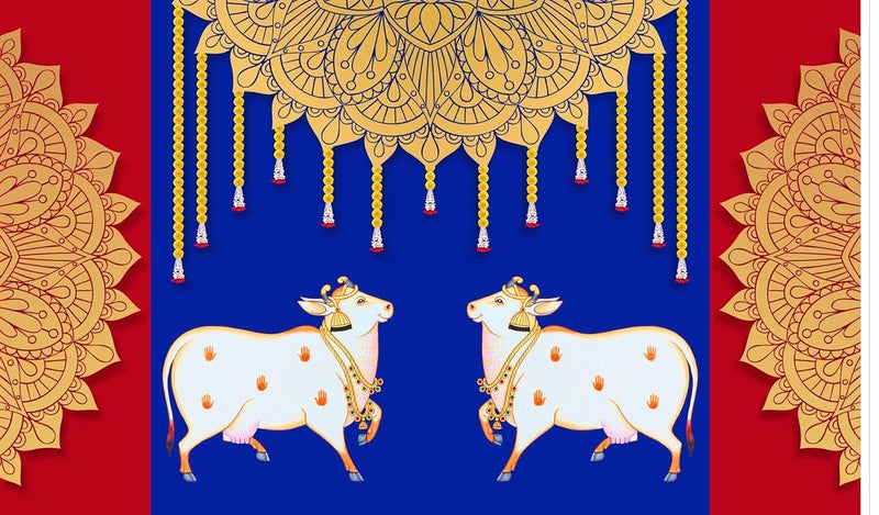 Backdropon Two Cow with Rangoli and Hanging Flower Design Backdrop Cloth for Pooja Decoration Traditional Background Curtain Cloth for Festival Size 5 Feet Height and 8 Feet Width(5 * 8) - Image 1