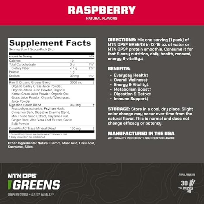 MTN OPS Greens Superfood Drink Mix Daily Greens Powder with Super Greens Chlorophyll Digestive and Immune Support Raspberry Flavor 30 On The Go Stick Packs - Image 3