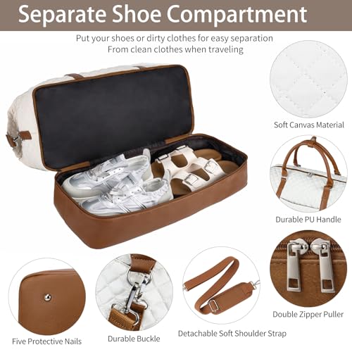 Stuery Travel Bags for Women 21 Large Weekender Bags for Women with Shoe Compartment Overnight Duffel Tote for Carry on Weekend Travel Business Trip Airplane Traveling Gym White Brown - Image 3