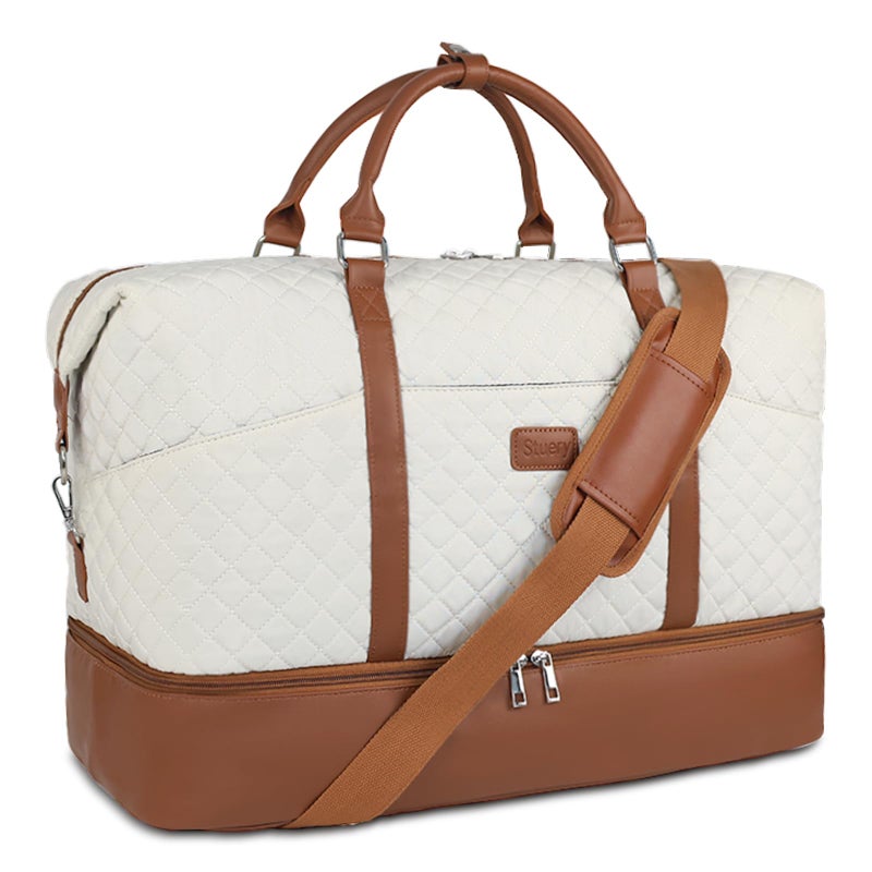 Stuery Travel Bags for Women 21 Large Weekender Bags for Women with Shoe Compartment Overnight Duffel Tote for Carry on Weekend Travel Business Trip Airplane Traveling Gym White Brown - Image 2
