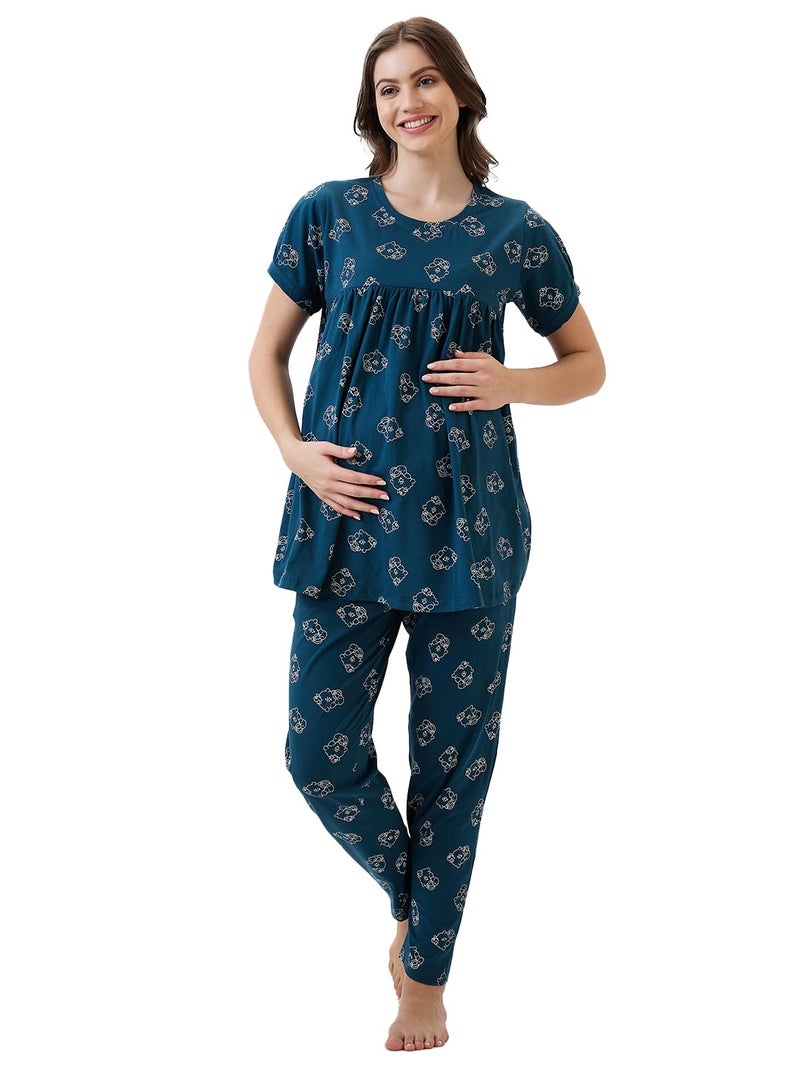 AV2 Store Women's Cotton Printed Maternity & Feeding Night Suit Set of Top & Relaxed Pyjama Nursing Night Dress Teal X-Large 2125 - Image 1