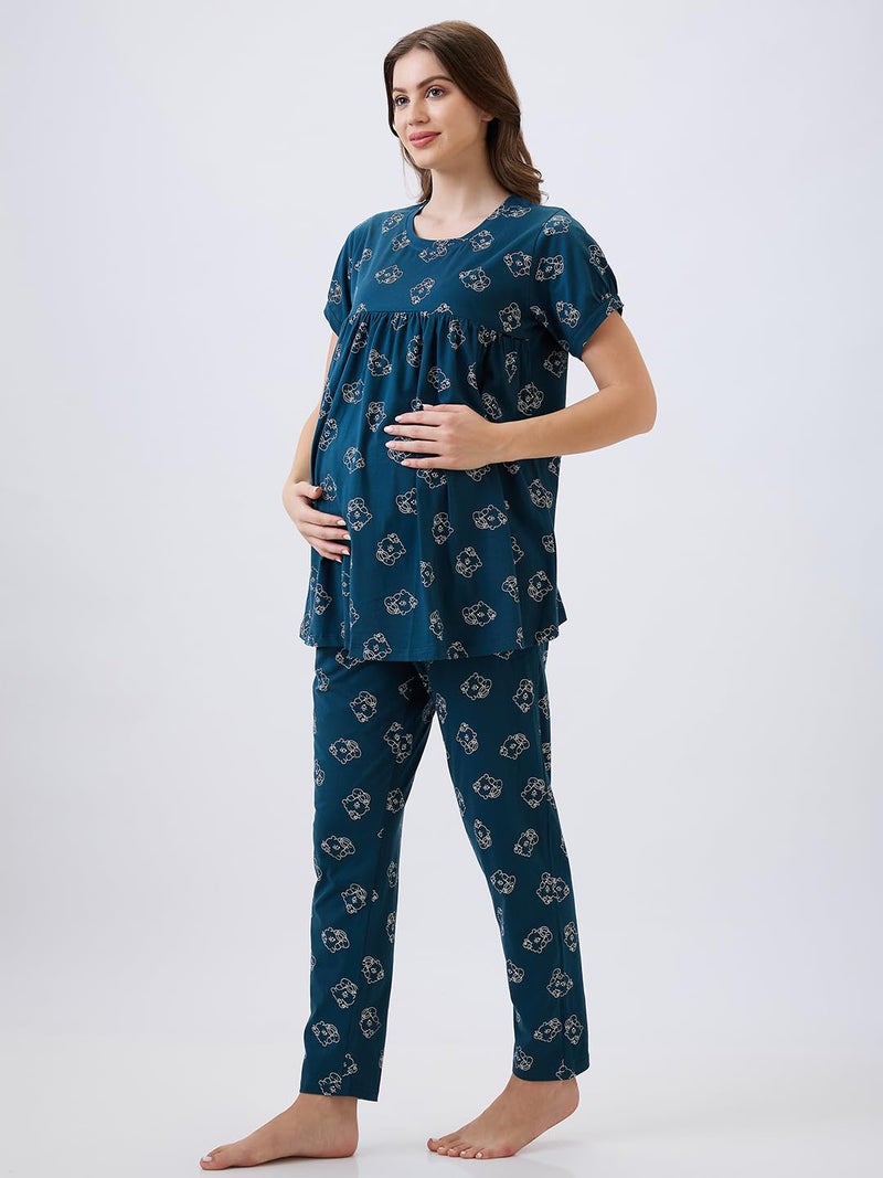 AV2 Store Women's Cotton Printed Maternity & Feeding Night Suit Set of Top & Relaxed Pyjama Nursing Night Dress Teal X-Large 2125 - Image 3