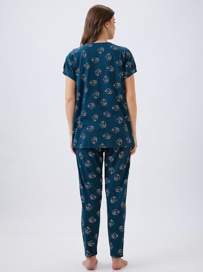AV2 Store Women's Cotton Printed Maternity & Feeding Night Suit Set of Top & Relaxed Pyjama Nursing Night Dress Teal X-Large 2125 - Image 2