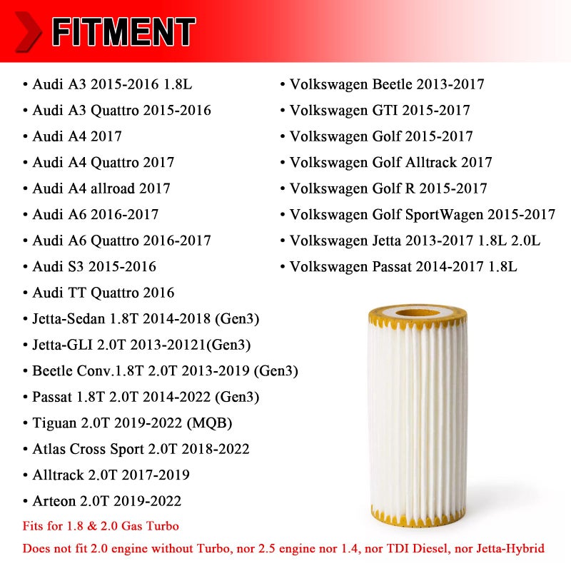 HU6013Z Engine Oil Filter Compatible with VW Golf Jetta Beetle Audi A3 A4 A6 S3 TT Quattro, Replaces # HU6013z 06L115562B, Pack of 4 - Image 3