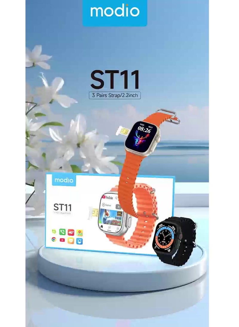Modio ST11 Smart Watch 2.2 Inch Large Screen Display and 4G Sim Card Slot with 3 Pair Straps for Ladies and Gents(Gold) - Image 1
