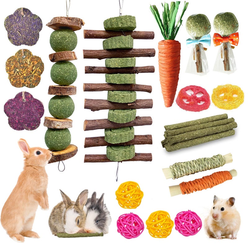 Jorewood 21 Pcs Rabbit Chew Toys for Teeth, Natural Bunny Toys Peach Wood Grass Timothy Sticks Chew and Treat for Guinea Pigs Hamster Chinchillas and Other Small Pets - Image 1