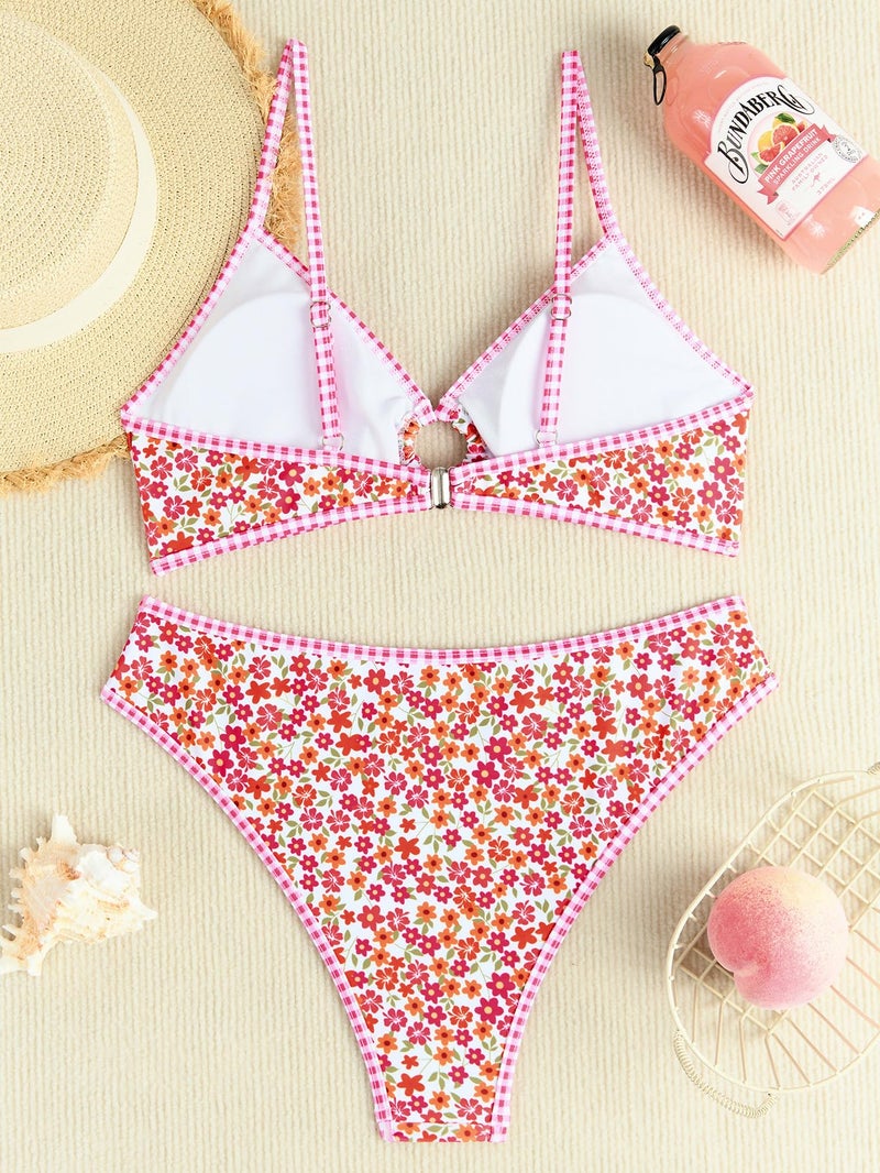 Fanuerg Women's Triangle Bikini Sets O Ring Linked Two Piece Swimsuits Floral Printed Cheeky Bathing Suit Red Floral M - Image 5