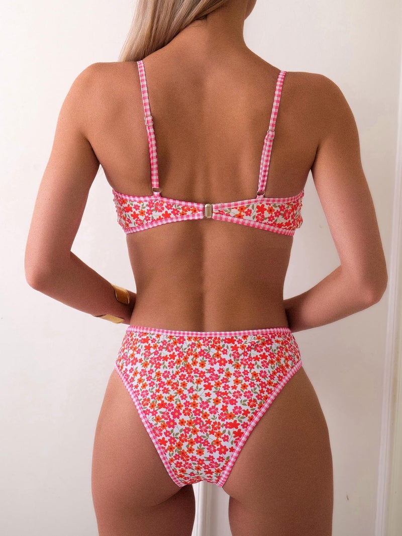 Fanuerg Women's Triangle Bikini Sets O Ring Linked Two Piece Swimsuits Floral Printed Cheeky Bathing Suit Red Floral M - Image 3