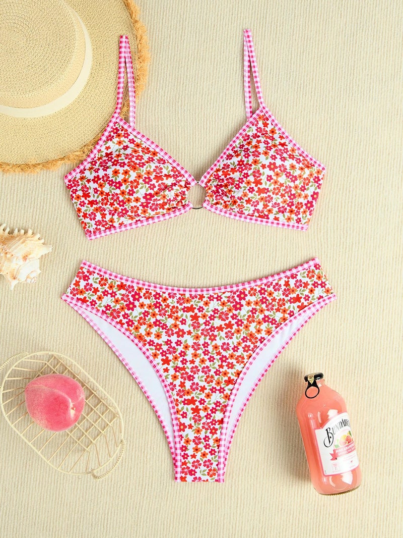Fanuerg Women's Triangle Bikini Sets O Ring Linked Two Piece Swimsuits Floral Printed Cheeky Bathing Suit Red Floral M - Image 4