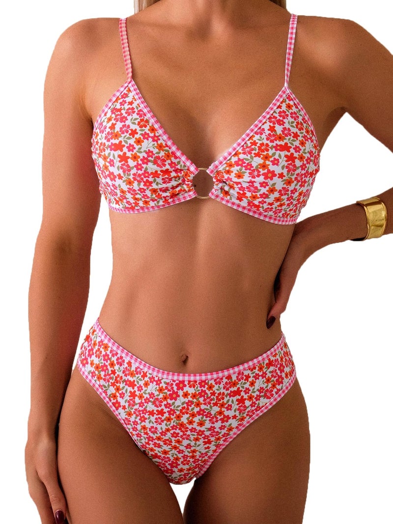 Fanuerg Women's Triangle Bikini Sets O Ring Linked Two Piece Swimsuits Floral Printed Cheeky Bathing Suit Red Floral M - Image 1