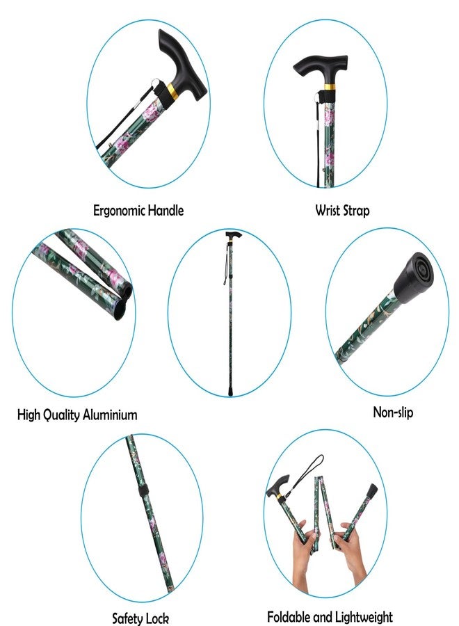 Comfkey Folding Lightweight Walking Stick - Adjustable Aluminum Metal Collapsible Travel Cane with Non-Slip Rubber Base (Green Floral) - Image 4
