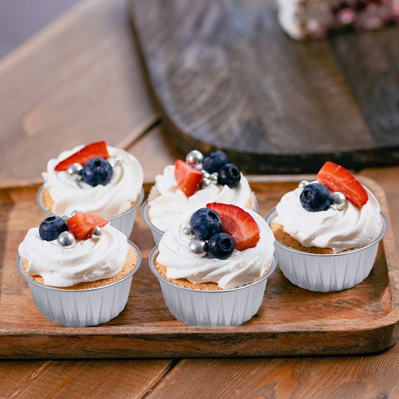 Augoog 100Pcs Aluminum Cups with Lids,5oz Disposable Ramekin Baking Cups Muffin Liners Mini Pie Pans Foil Cupcake Containers for Christmas Party Wedding,Silver - Image 5