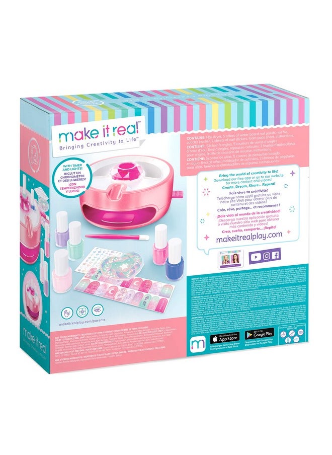Make It Real Light Magic Nail Dryer & Polish Set for Girls & Teens - 5 Vibrant Nail Colors, Art Stickers, Nail File, Cuticle Pusher & Dryer - Water-Based, Non-Toxic Polish Perfect Spa Day Manicures Make it Real  - Image 2