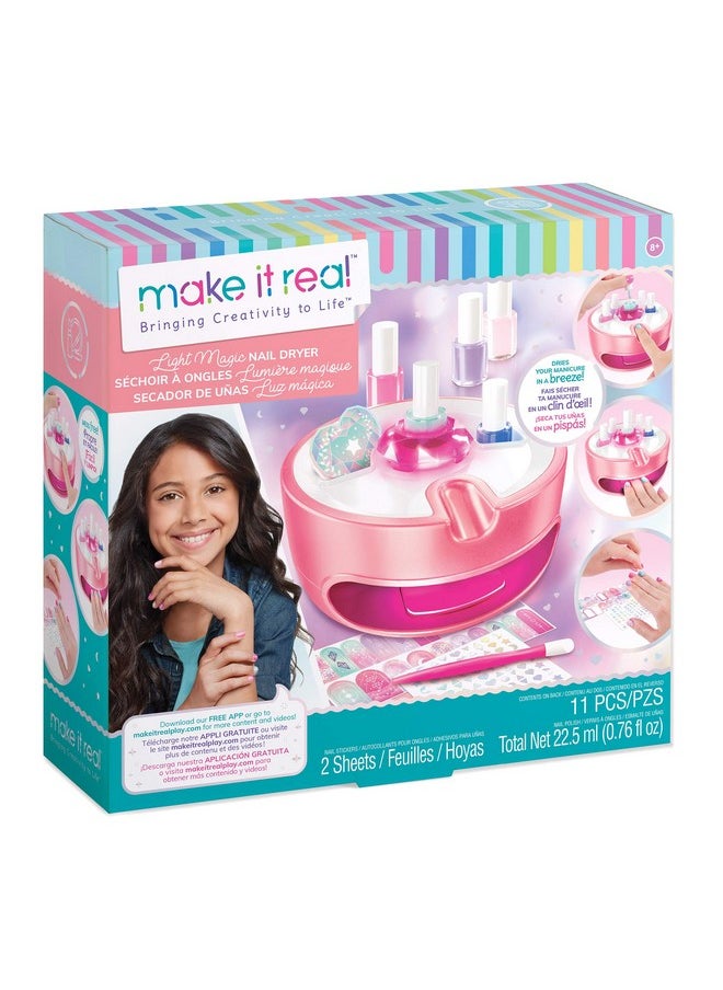 Make It Real Light Magic Nail Dryer & Polish Set for Girls & Teens - 5 Vibrant Nail Colors, Art Stickers, Nail File, Cuticle Pusher & Dryer - Water-Based, Non-Toxic Polish Perfect Spa Day Manicures Make it Real  - Image 1
