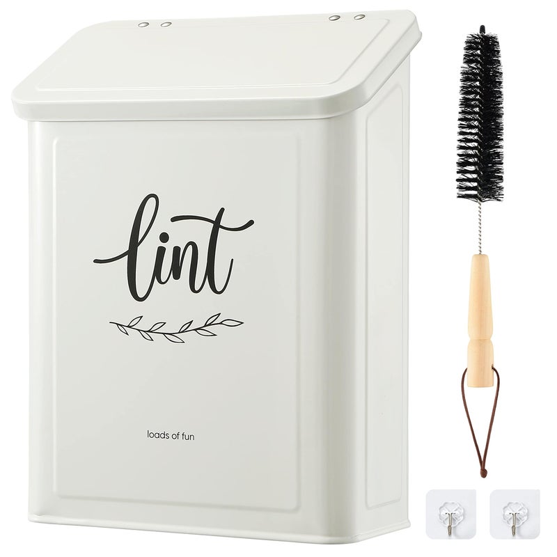 PERFNIQUE PERFNIQUE Magnetic Lint Bin for Laundry Room with Lint Brush Wall Mounted Lint Holder Trash can with lid for Dryer Modern Farmhouse Rustic Metal Laundry Room Storage Organization and DecorWhite