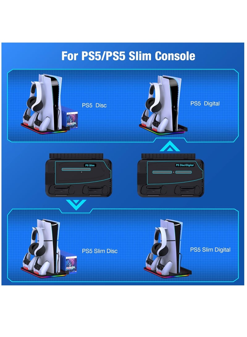 ARNOTEC PS5 Slim Stand and Turbo Cooling Station with Controller Charging Station for Playsation 5, PS5 Accessories Incl. 3 Levels Cooling Fan, RGB Light, 15 Game Storage, Headset Holder for PS5 Digital/Disc  - Image 2