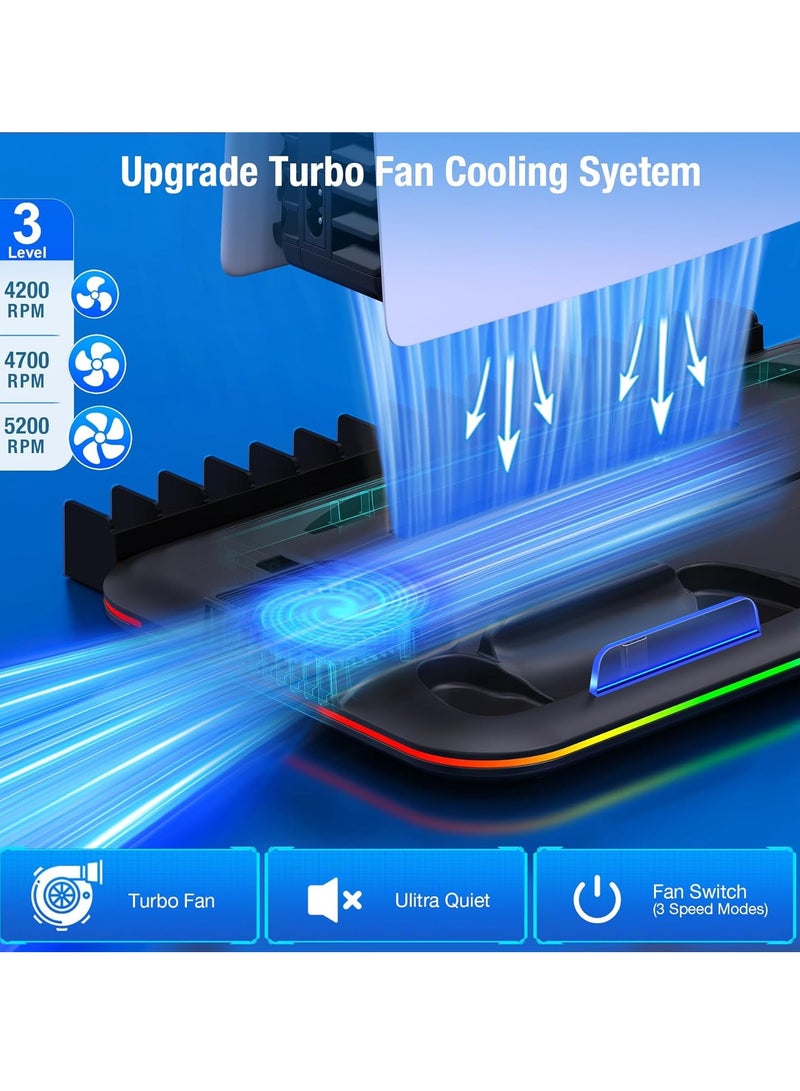 ARNOTEC PS5 Slim Stand and Turbo Cooling Station with Controller Charging Station for Playsation 5, PS5 Accessories Incl. 3 Levels Cooling Fan, RGB Light, 15 Game Storage, Headset Holder for PS5 Digital/Disc  - Image 3