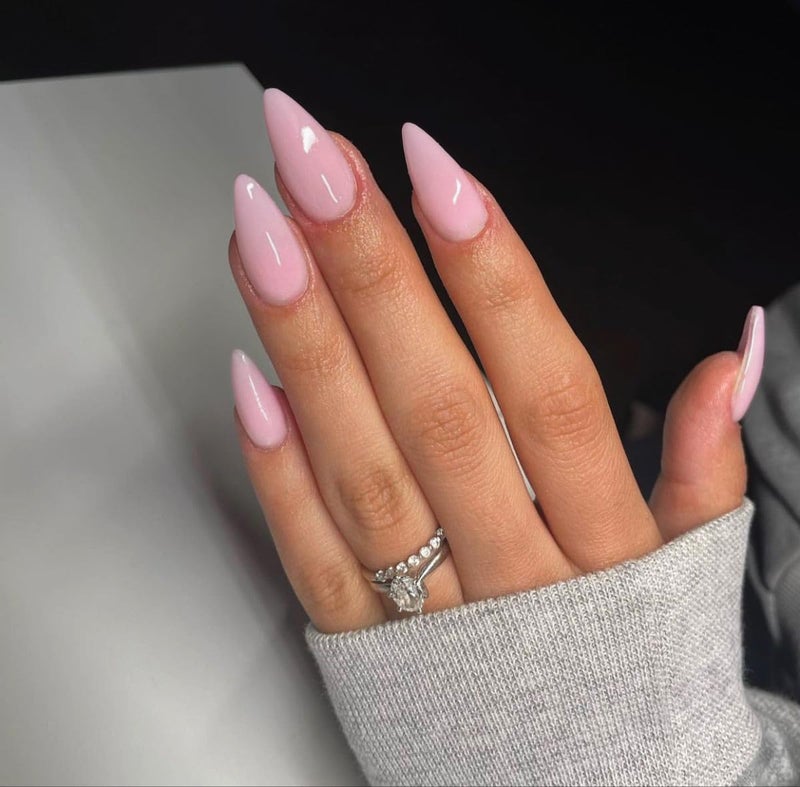KQueenest 48 Pcs Dusty Pink Press on Nails Almond Medium, Light Pink Nails Press on, Solid Color Medium Fake Nails Acrylic, Natural Glue on Nails Stiletto, Gel Stick on Nails for Women Summer - Image 1