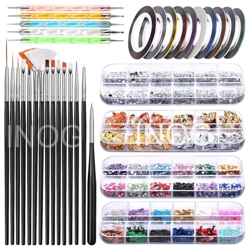 INOG Nail Art Decorations Kit, Nail Art Brush with Nail Pen Designer Dotting Tools Colors Holographic Butterfly Nail Glitter Foil Flakes Nail Tape Strips and Multi-Color Nails Rhinestones - Image 1