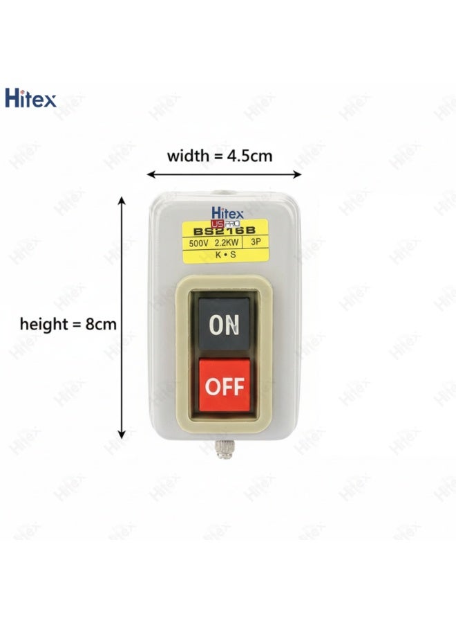 هيتكس مفتاح ضغط Uspro BS216B، مفتاح تشغيل/إيقاف ذاتي القفل، 500 فولت 2.2 كيلو وات، ثلاثي الطور، مفتاح تحكم في الآلات الصناعية، مفتاح أمان متين للمحركات والمثاقب ومعدات الورش. - Image 2