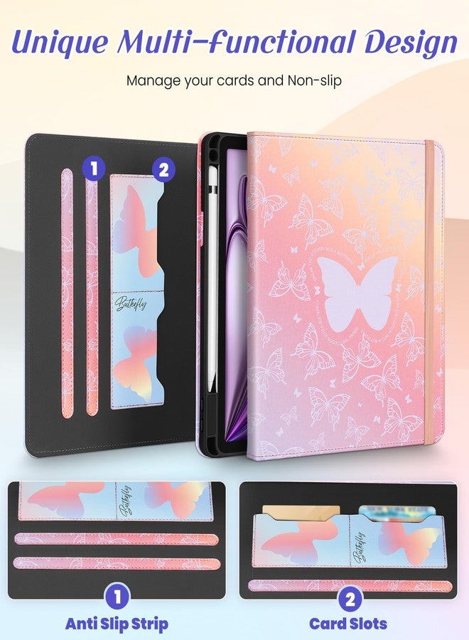 Kidcube جراب Kidcube لجهاز iPad Air مقاس 13 بوصة (M3/M2) / لجهاز iPad Pro مقاس 12.9 بوصة، الجيل السادس/الخامس (2022/2021) - غطاء دوار لطيف للنساء والفتيات مع حامل قلم رصاص وفتحة للبطاقات، بتصميم فراشة كاواي أنثوي - Image 3