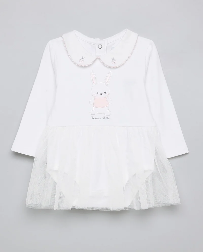 R&b Appliqued Bodysuit Dress with Peter Pan Collar and Long Sleeves