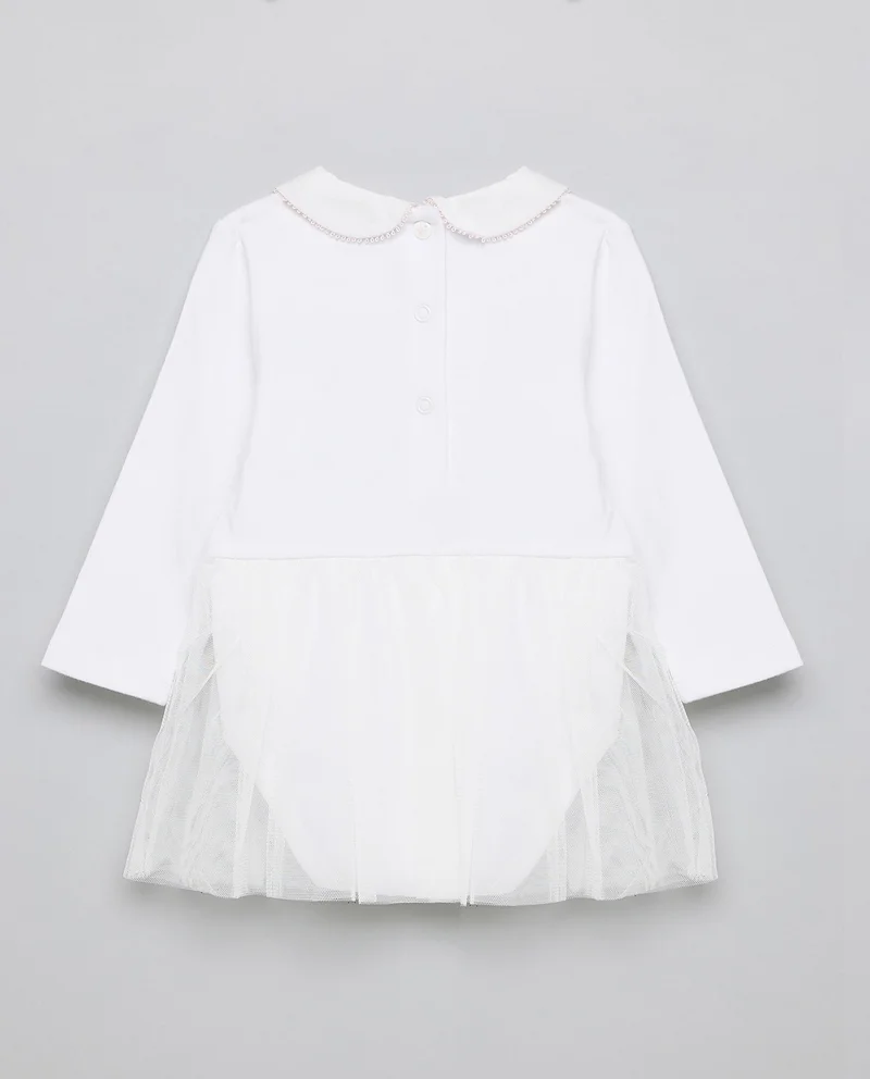 R&b Appliqued Bodysuit Dress with Peter Pan Collar and Long Sleeves