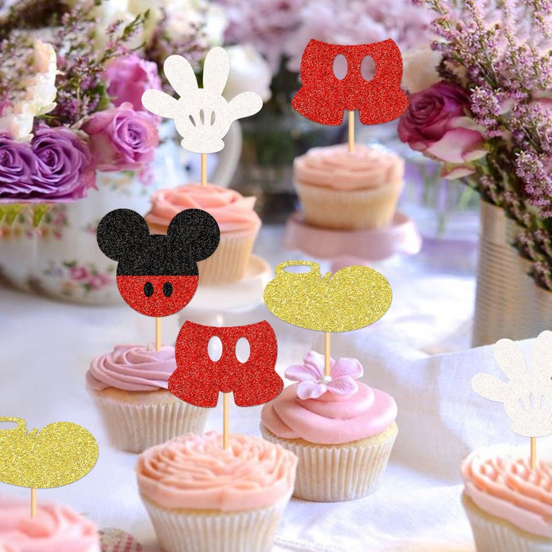Ercadio Ercadio 24 PCS Mouse Inspired Cupcake Toppers Gold Red Glitter Gloves Mouse Cupcake Picks Baby Shower Wedding Kids Birthday Party Cake Decorations Supplies Gold Shoes - Image 5
