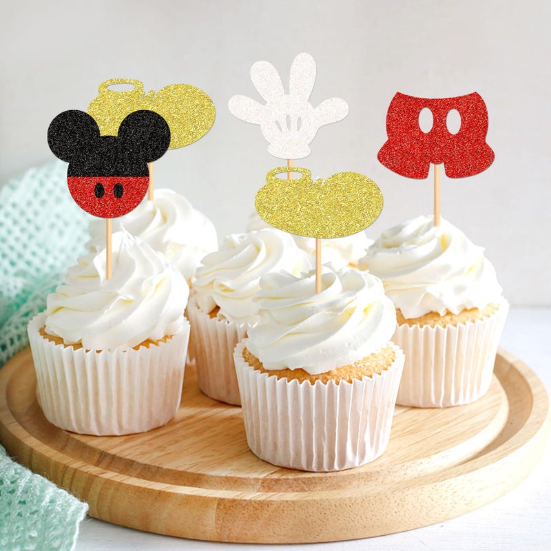 Ercadio Ercadio 24 PCS Mouse Inspired Cupcake Toppers Gold Red Glitter Gloves Mouse Cupcake Picks Baby Shower Wedding Kids Birthday Party Cake Decorations Supplies Gold Shoes - Image 4