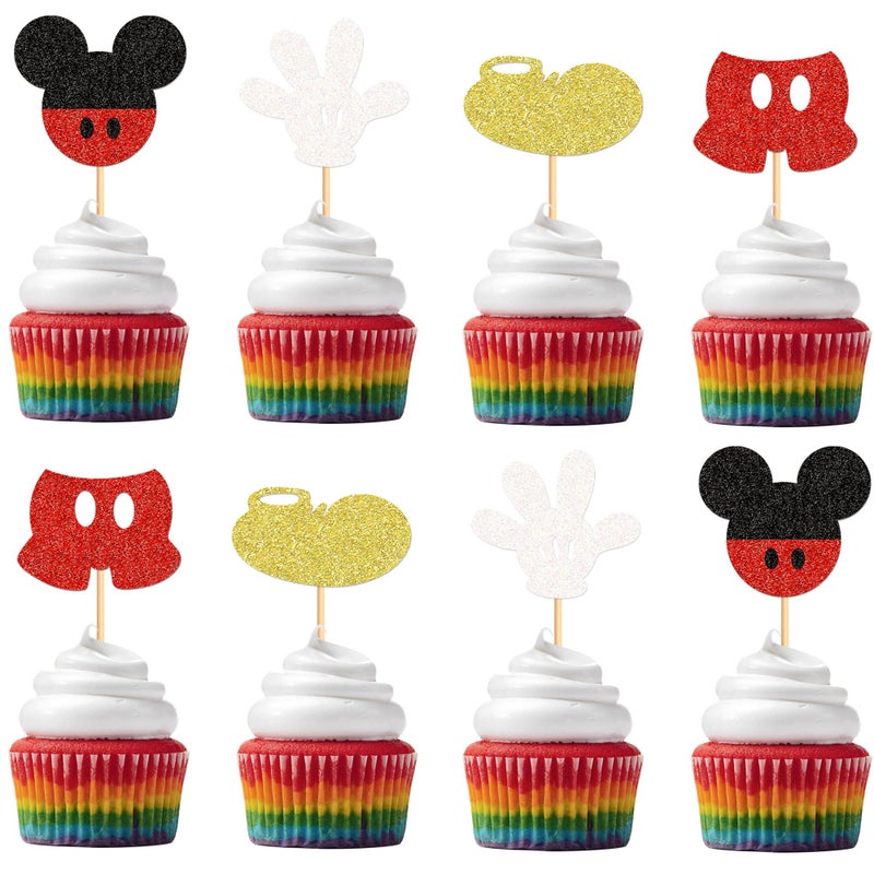 Ercadio Ercadio 24 PCS Mouse Inspired Cupcake Toppers Gold Red Glitter Gloves Mouse Cupcake Picks Baby Shower Wedding Kids Birthday Party Cake Decorations Supplies Gold Shoes - Image 1