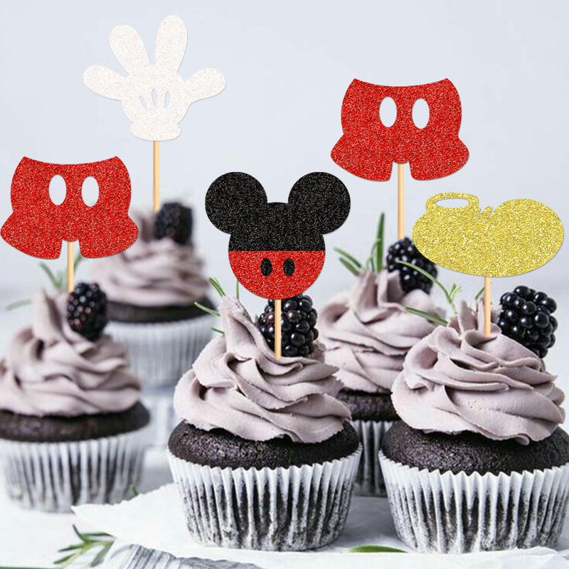Ercadio Ercadio 24 PCS Mouse Inspired Cupcake Toppers Gold Red Glitter Gloves Mouse Cupcake Picks Baby Shower Wedding Kids Birthday Party Cake Decorations Supplies Gold Shoes - Image 3