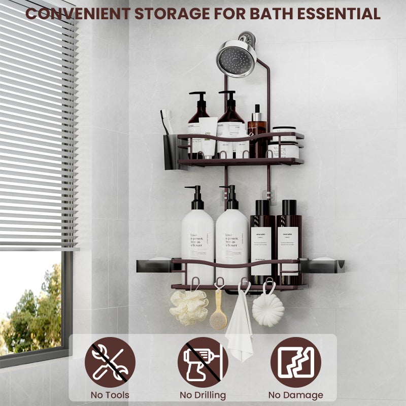 Reinhardt Shower Caddy Hanging  Rustproof Shower Caddy Anti-Swing Shower Organizer No Drilling Showers Racks With Soap Holder Multi Hooks Bathroom Storage For Shampoo Sponge  Bronze - Image 2