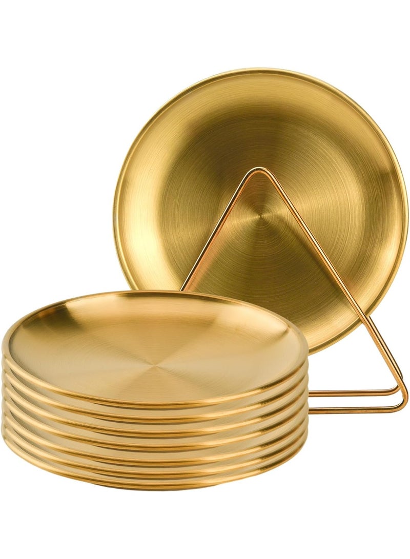 Relex 8-piece 6.5-inch appetizer plate with stand set Gold silver stainless steel round plates Suitable for cakes desserts, salads, dips, snacks, side dishes (Gold) - Image 1