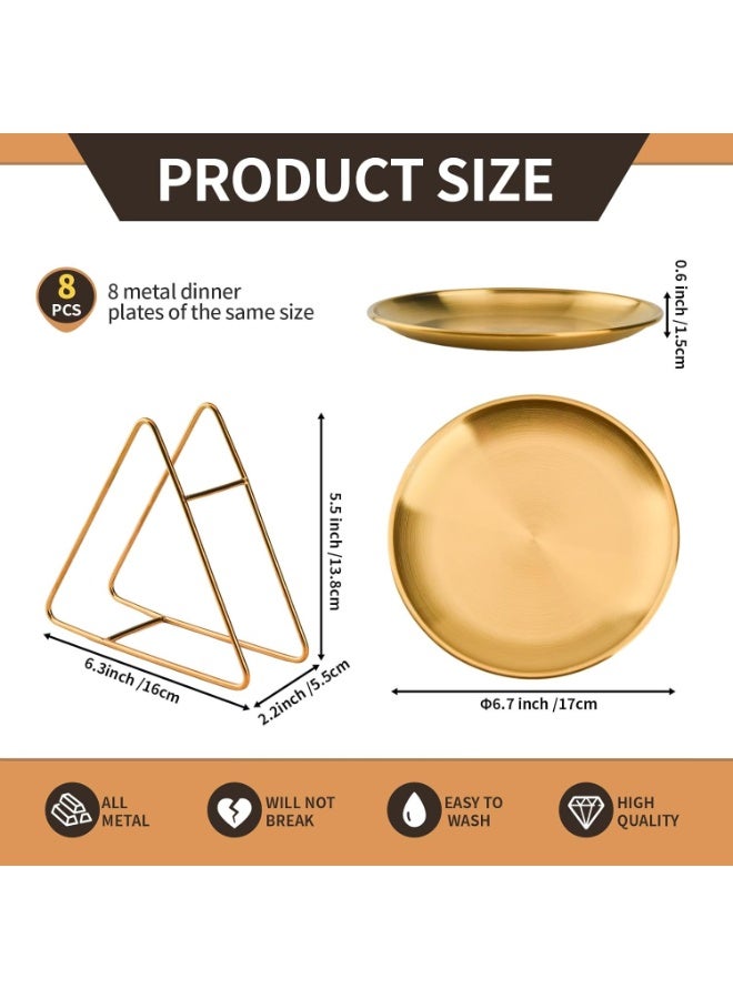 Relex 8-piece 6.5-inch appetizer plate with stand set Gold silver stainless steel round plates Suitable for cakes desserts, salads, dips, snacks, side dishes (Gold) - Image 2