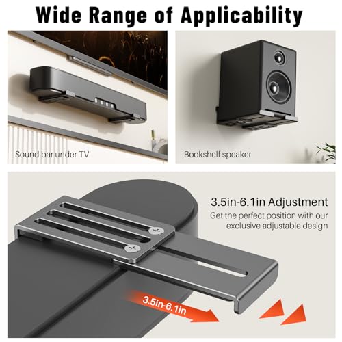 BYMECOST Universal Soundbar Wall Mount Bracket, Metal Soundbar Shelf Compatible with Depth from 3.3"-6.1", Soundbar Mount Under TV or Above TV, Holds up to 40 lbs, with Anti-Vibration Pads(Black) - Image 3