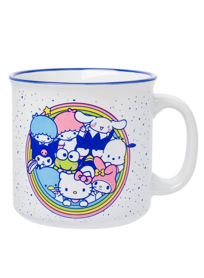 Silver Buffalo Sanrio Hello Kitty Friends Featuring Little Twin Stars, Cinnamoroll, Kuromi, Keroppi, Badtz-Maru, Pochacco, Tuxedo Sam, My Melody, Pompompurin, Chococat Ceramic Camper Mug, 20 Ounces - Image 1