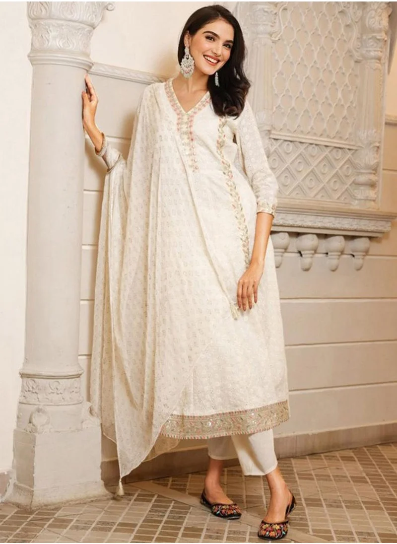 آي شين Women's Off White 100% Cotton Embellished Tunic Full Length Casual Straight Fit Kurta Set