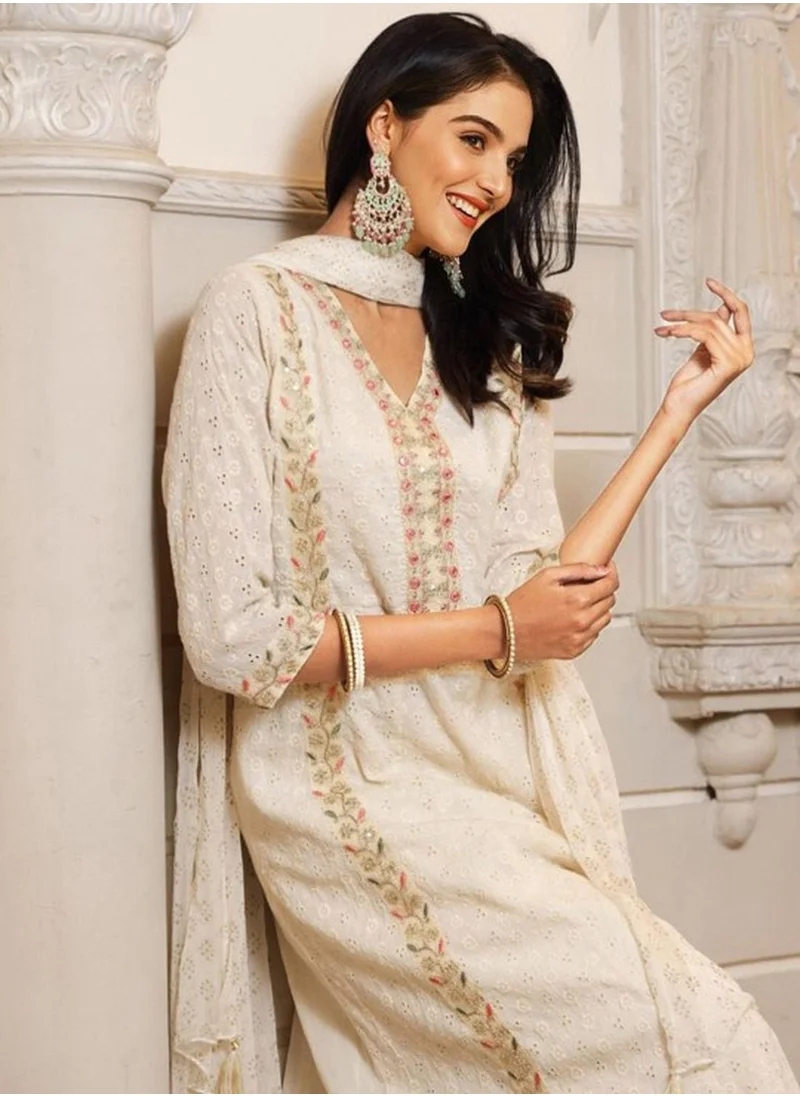 آي شين Women's Off White 100% Cotton Embellished Tunic Full Length Casual Straight Fit Kurta Set