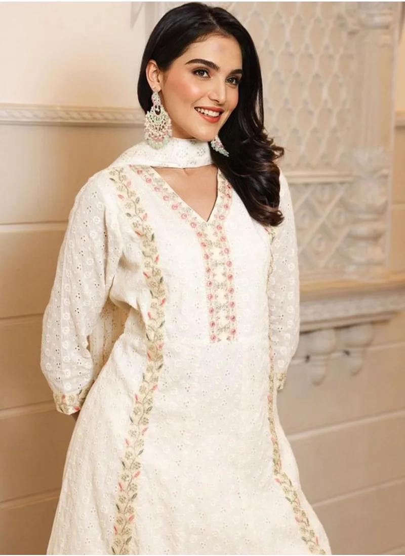 آي شين Women's Off White 100% Cotton Embellished Tunic Full Length Casual Straight Fit Kurta Set
