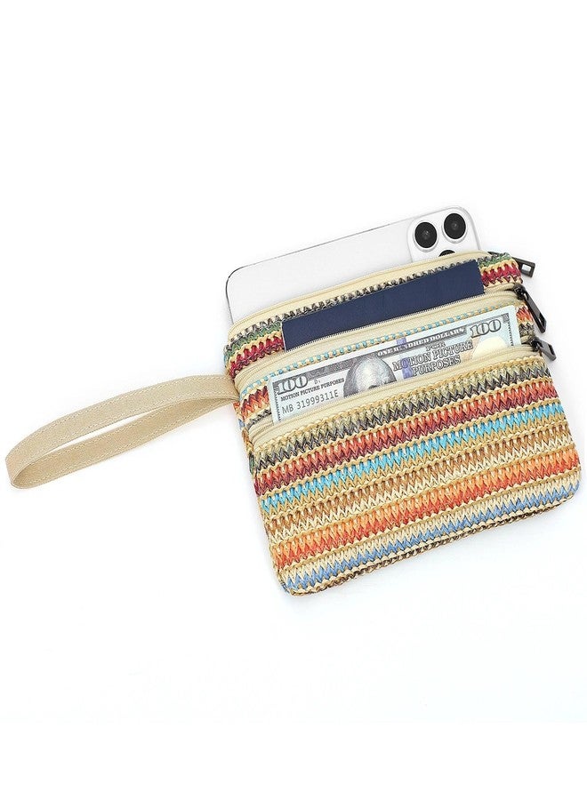 BBORGDC Boho Straw Wristlet Purses For Women, Small Coin Purse With 3 Zippers, Original Design Straw Pouch Purse, Gift For Girls, Travel, Walk, Commute - Image 2