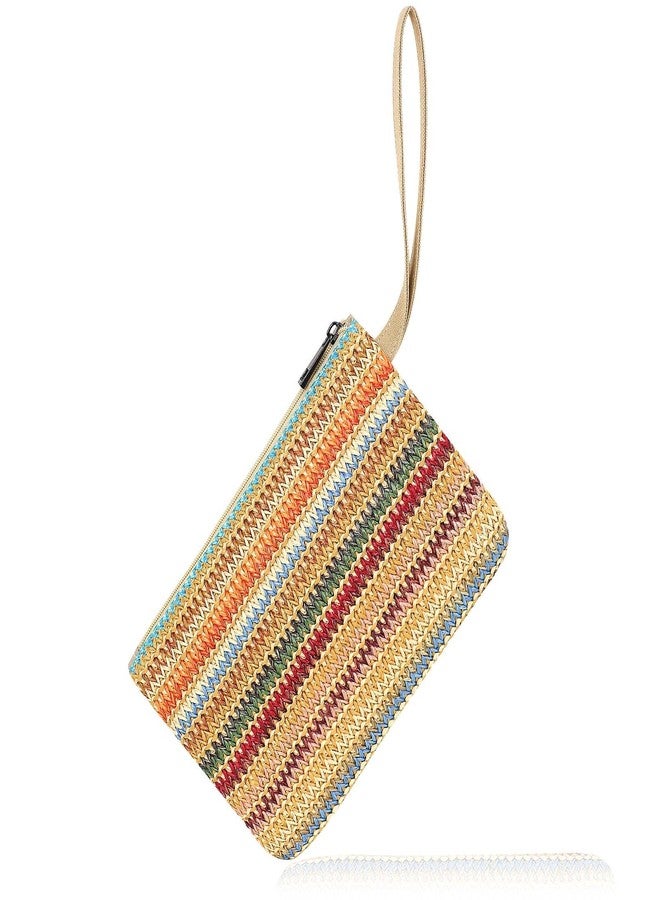 BBORGDC Boho Straw Wristlet Purses For Women, Small Coin Purse With 3 Zippers, Original Design Straw Pouch Purse, Gift For Girls, Travel, Walk, Commute - Image 1