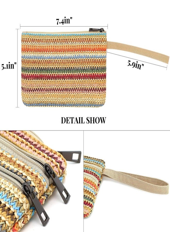 BBORGDC Boho Straw Wristlet Purses For Women, Small Coin Purse With 3 Zippers, Original Design Straw Pouch Purse, Gift For Girls, Travel, Walk, Commute - Image 4
