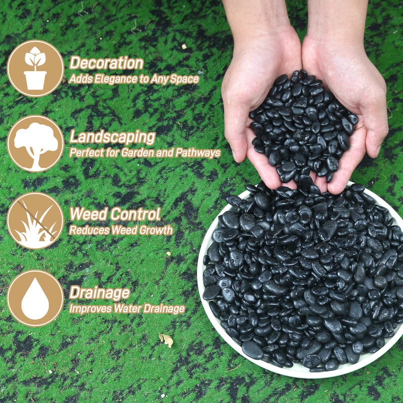 Mulctun 2lb Black Rocks for Planters- 1/4" - 3/4" Polished Black Stones Smooth Flat Pebbles for Fish Tanks Decorative River Rocks for Vases Bonsai Pots Garden Stones for Landscaping and Yards - Image 3