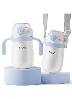 NCVI NCVI Kids Stainless Steel Straw Cup for Toddler 1-3 Years Old, Training Tumbler with Straw Spill Proof with Handle, Insulated Bottle to Keep Cold Warm for Water/Milk/Drink, Blue 10floz  - Image 1
