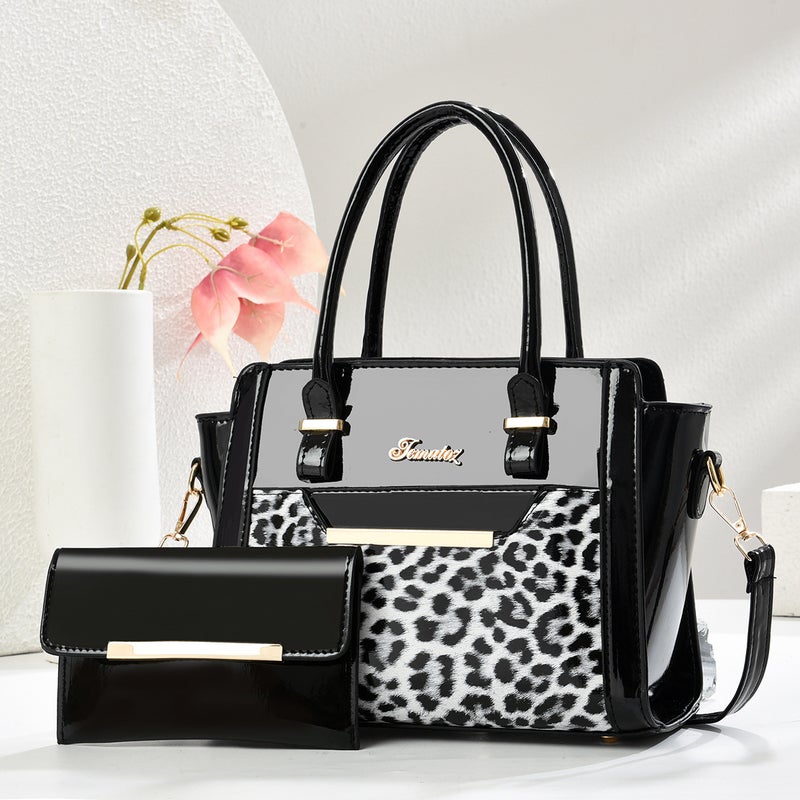 Cross-Border New Leopard Print Two-Piece Womens Bag Handbag Bright Leather Patent Leather Multi-Piece Set Foreign Trade Wholesale Shoulder Crossbody Bag Black