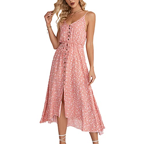 BROVAVE Women's 2025 Summer Casual Boho Sundress Polka Dot Spaghetti Strap V Neck Flowy Midi Dresses(008 Pink, X-Large) - Image 1