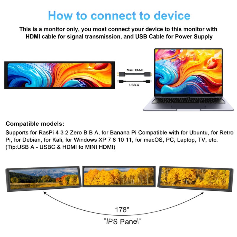 ZHAOCAILIN 11.3 Inch Mini Monitor - FHD IPS1920x440 LCD Display, Computer Secondary Screen, CPU Temp Monitors with Casing for PC Case Temp Windows Aida64 CPU GPU Monitor - Image 5