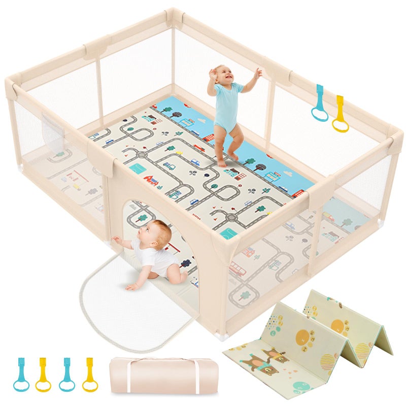 Abdtech Baby Playpen with Mat 79x71inch - Extra Large Play Pen for Babies and Toddlers Indoor & Outdoor Baby Playard with Soft Breathable Mesh Cover - Sturdy Foam Infant Gate Playpen(Apricot) - Image 1