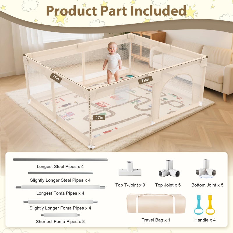 Abdtech Baby Playpen with Mat 79x71inch - Extra Large Play Pen for Babies and Toddlers Indoor & Outdoor Baby Playard with Soft Breathable Mesh Cover - Sturdy Foam Infant Gate Playpen(Apricot) - Image 2