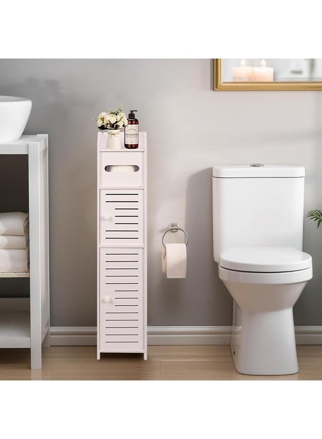 TPGP Toilet Paper Holder Stand, Small Bathroom Storage Cabinet with Doors and Shelves, Slim Storage Cabinet for Bathroom Small Spaces Corner Floor - White  - Image 1